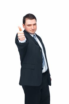 Portrait of a confident middle aged business man showing a success sign over white 