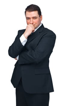 Handsome mature business man isolated against white looking forward in thought 