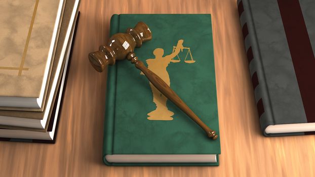 Gavel on a law book with other legal books on the table. Conceptual illustration
