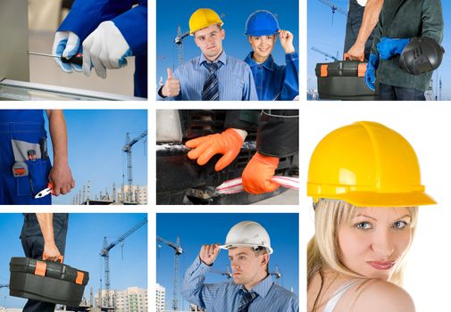 workers with equipment on building background sets