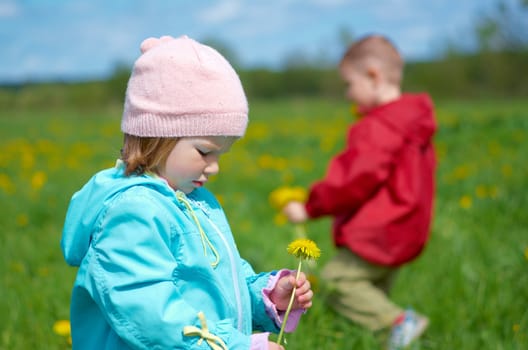 boy and small girl  on meadow with dandelion