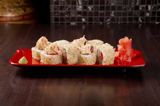 Japanese sushi  traditional japanese food.Roll made of Smoked fish