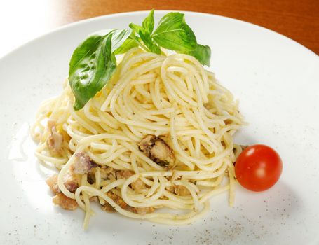 noodles tagliolini with seafood .closeup