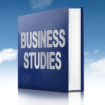 Illustration depicting a text book with a business studies concept title. Sky background.