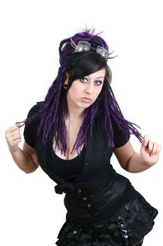 Gothic girl with cyberlox and cyber goggle - studio shot on white Background