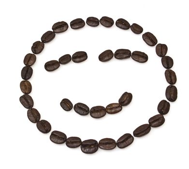 Smile shaped coffee beans isolated on white background.The concept is that A good cup of coffee.