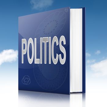 Illustration depicting a text book with a Politics concept title. Sky background.