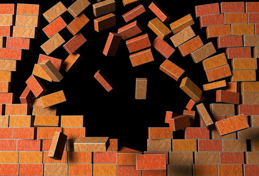 3d Render Illustration of "Brick Wall"  Explodes on Black Background