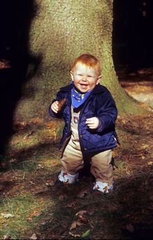 young boy enjoys walking in the forest