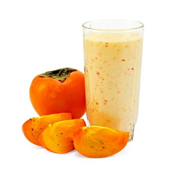 Dairy cocktail in the high glass beaker with persimmon isolated on white background
