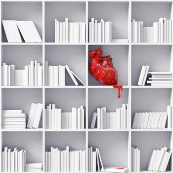 anatomical  heart on the bookshelves (3D concept)