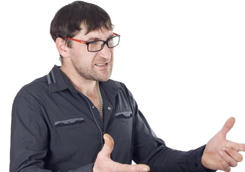 Man gestures with his hands perturbed situation
