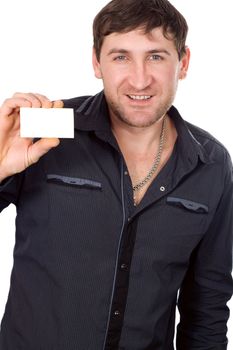 Happy Businessman with blank business card, isolated on white
