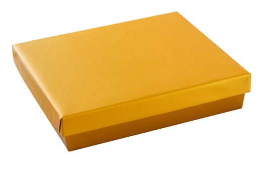 Isolated gold colored cardboard gift box on white background with clipping path