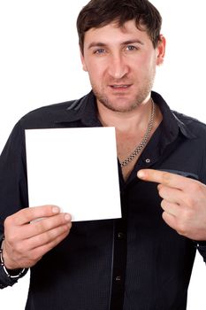 Businessman showing is blank card with copyspace