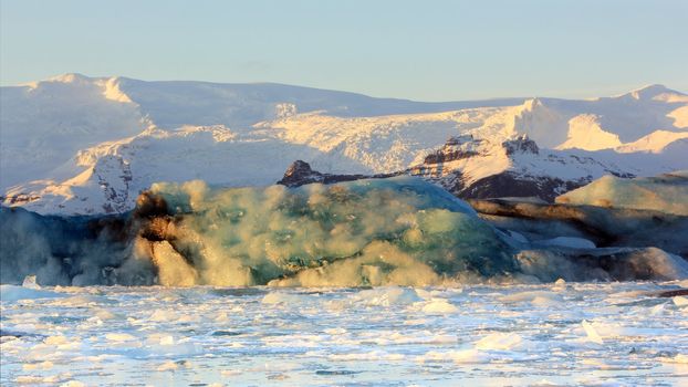 The glacier lagoon at sunrise in vatnajokull national parl