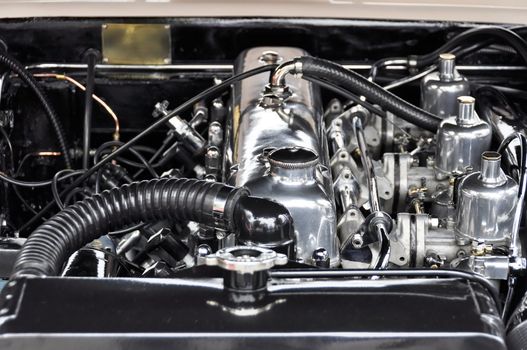 A vintage car engine closeup