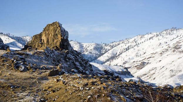 Winter Snow on the Peaceful Columbia River looking at a rock butte