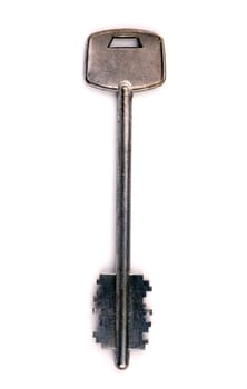 General view of the white metal key close-up on white background