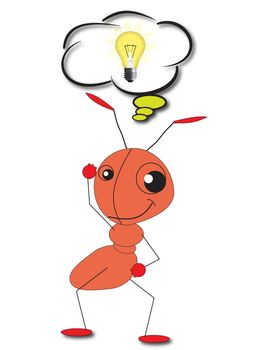 Cartoon ant gets a bright idea. A light bulb above his head.