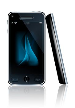 A latest technology stylish smart phone at white background with reflections.