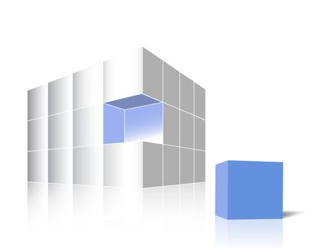 A glossy white cube made of 3d boxes - one blue piece is aside