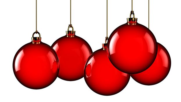 Five hanging red christmas balls isolated on white