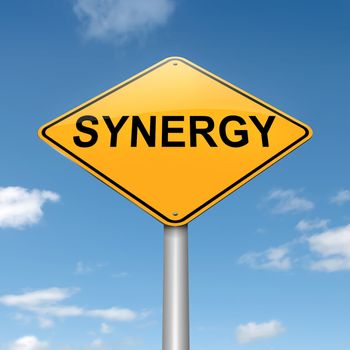 Illustration depicting a roadsign with synergy concept. Blue sky background.