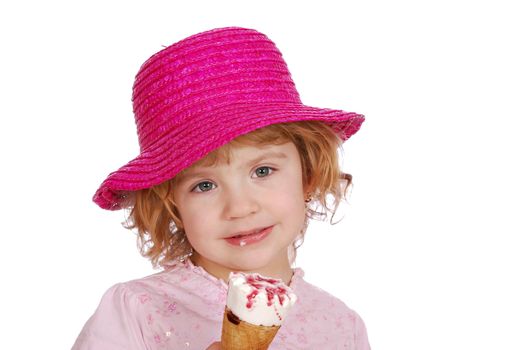 Little girl with hat and ice cream studio shot