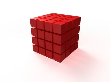 4x4 red ordered cube assembling from blocks isolated on white background