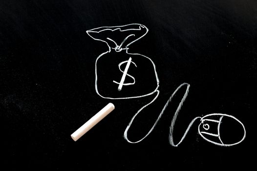 Money bag and mouse drawn on the chalkboard