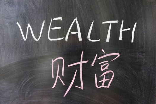 Wealth word in Chinese and English written on the chalkboard