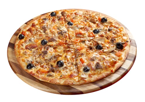 Pizza with ginger beef. italian kitchen. Studio
