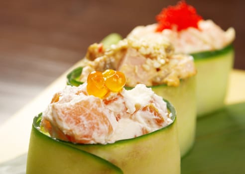 Japanese sushi  traditional japanese food.Roll made of Smoked fish , roe,cucumber