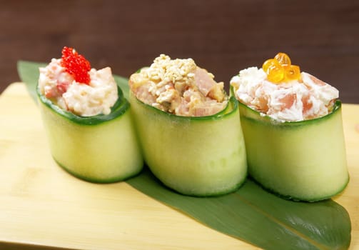 Japanese sushi  traditional japanese food.Roll made of Smoked fish , roe,cucumber