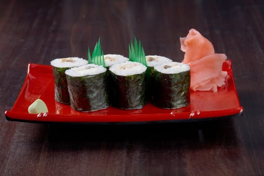 Japanese sushi  traditional japanese food.Roll made of Smoked fish