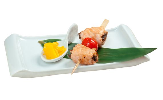 Japanese skewered  salmon  .closeup