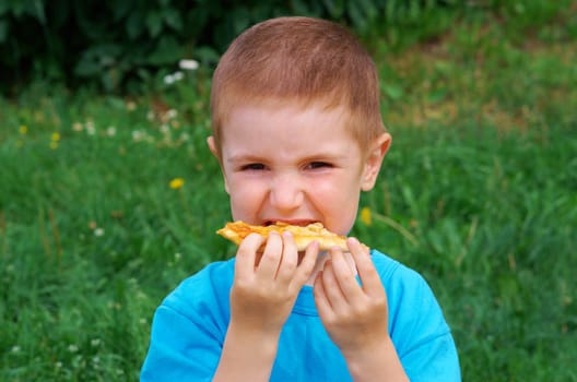 Picnic on the grass. boy   have a dinner with pizza on the meadow .