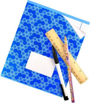 School notebook with pen, pencil and wooden ruler