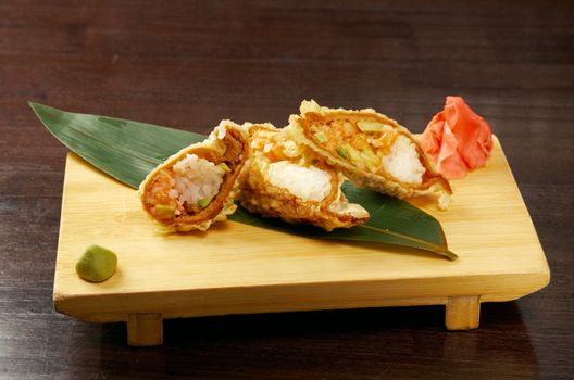 Tempura Maki Sushi - Roll made of Smoked Salmon, Smoked Eel
