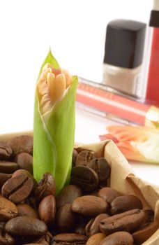 Coffee grains in paper bags with flower, cosmetics in the background