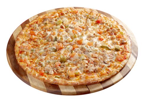 Pizza with smoked hen. italian kitchen. Studio