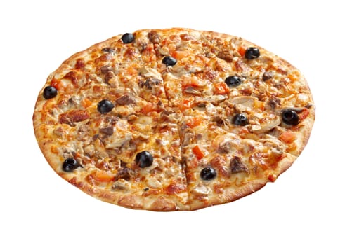 Pizza with ginger beef. italian kitchen. Studio