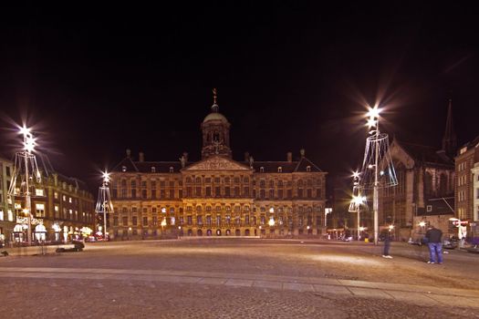 The Royal Palace on the Dam square in Amsterdam the Netherlands at night