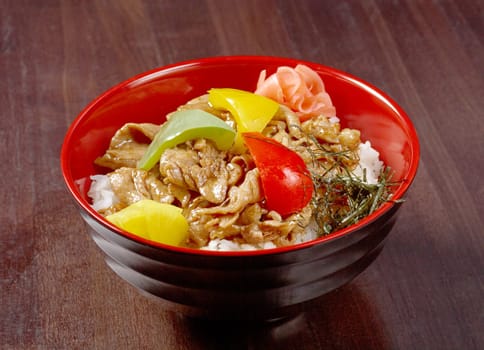 pork slice with rice and vegetable
