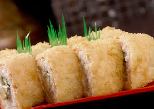 Japanese sushi  traditional japanese food.Roll made of Smoked fish