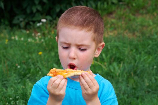 Picnic on the grass. boy   have a dinner with pizza on the meadow .