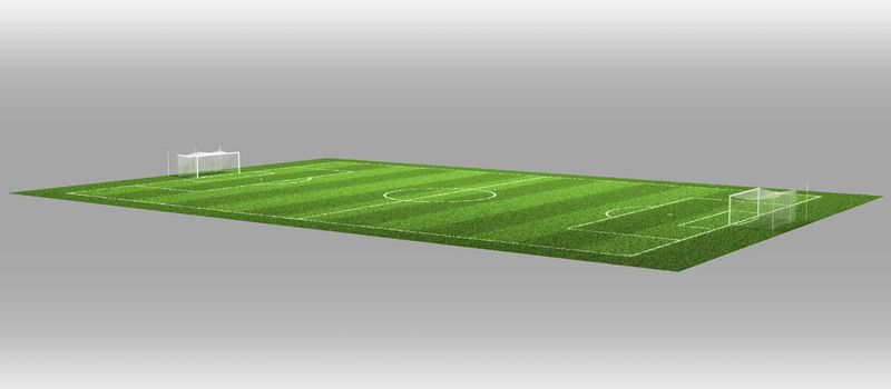 3d Illustration of Detailed Soccer Field on isolated grey background.