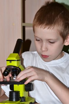The boy looks in a microscope
