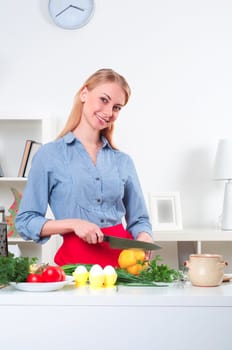 portrait beautiful woman cooking vegetables, healthy lifestyle